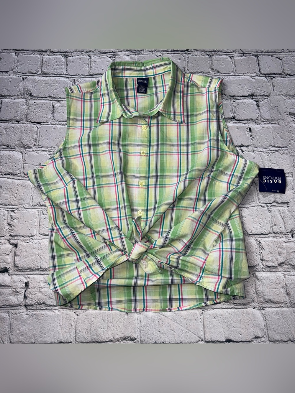 Basic Editions 00s Sleeveless Plaid Button-Front Top Light Green Plaid Size XL